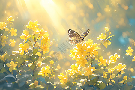 黄色茉莉花中飞舞的蝴蝶高清图片