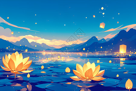 湖畔夜景莲花图片