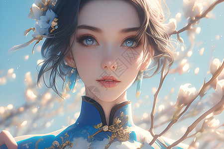 花中少女插画图片