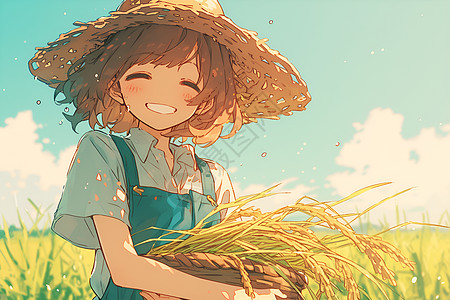欢乐稻田中的女孩图片