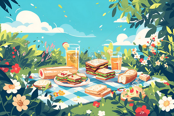 野餐中的美味三明治图片