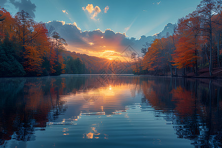 夕阳时的山脉和湖泊图片