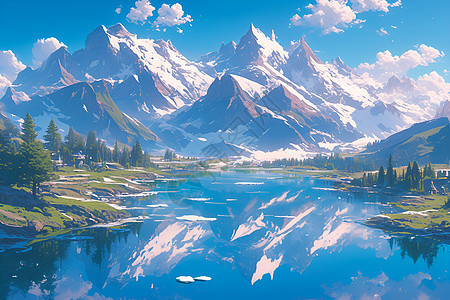 雄伟山脉中的湖畔插画图片