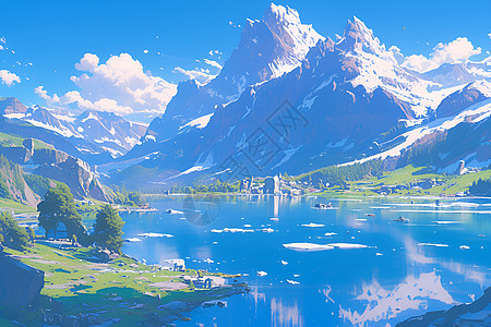 雄伟山脉中的湖畔风景图片