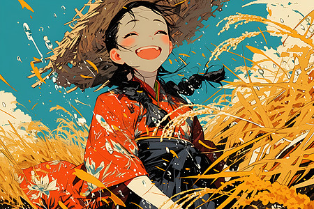 稻田中的快乐女孩图片