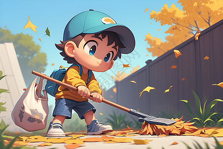 小男孩在街上用扫帚打扫落叶图片