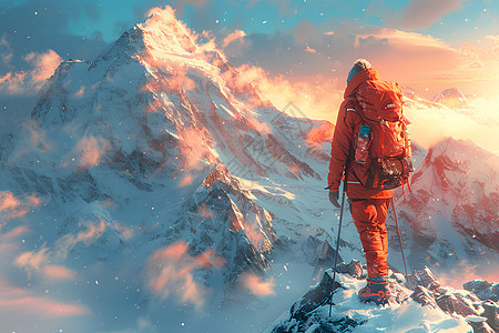 探险者般站在雪山巅图片