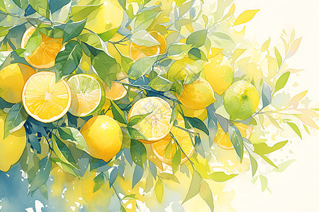 柠檬与绿叶的水彩构图图片