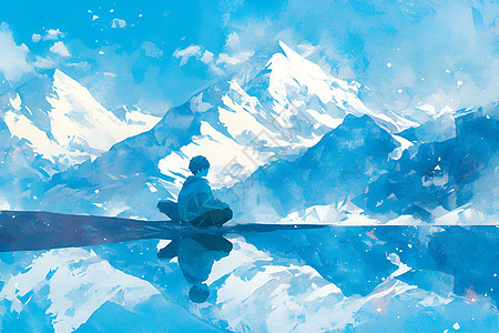 雪山湖边静坐的孩子图片