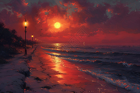 夕阳余晖映照下的海岸图片