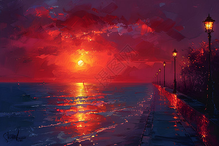 夕阳余晖映照着海面背景图片