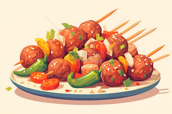 肉丸和辣椒的烤串图片