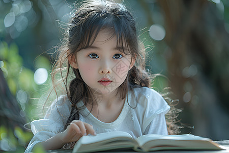 小女孩在户外看书高清图片