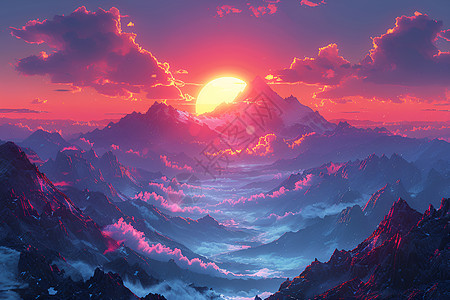 夕阳下山脉图片