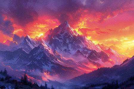 暖色落日与山脉背景图片