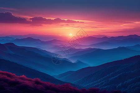 山脉背景下的夕阳高清图片