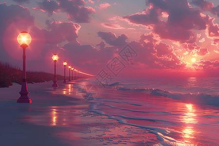 夕阳映照金色海滩图片