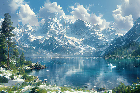 冰山下的幽静湖泊图片