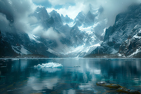 山脉环绕着湖泊图片