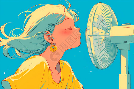燥热的夏日中的电风扇插画