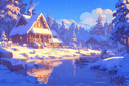 雪景中的温馨小木屋图片