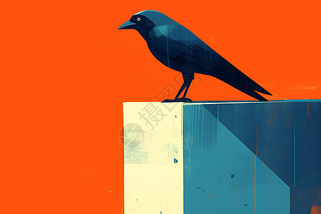 黑鸟坐在橙色背景上图片