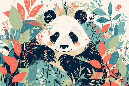 花丛中的熊猫插画图片