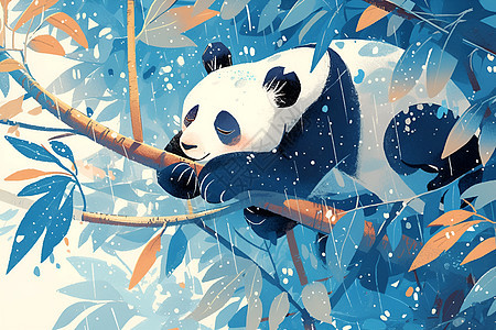 雨中的熊猫插画图片