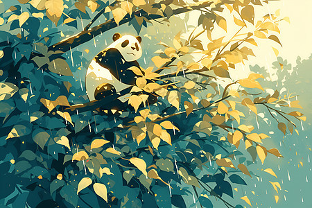 熊猫栖息在茂密的树叶中图片