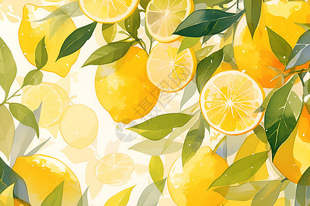 柠檬与绿叶的水彩拼贴画图片