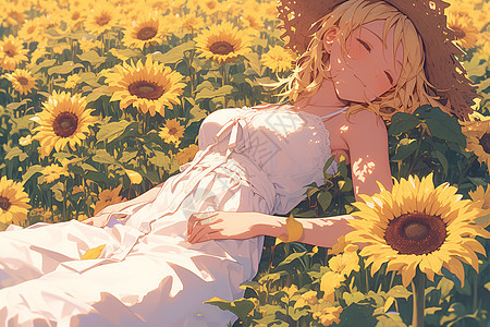 躺在向日葵中的少女图片