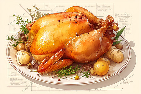 烤鸡盛宴插画图片