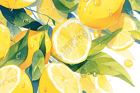 柠檬和叶子的插画图片