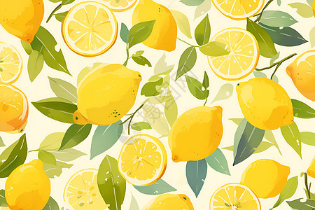 柠檬与叶子的绚丽水彩插画图片