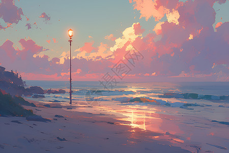 夕阳染红海滩路灯图片