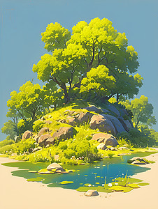 岛屿中的绿树插画图片