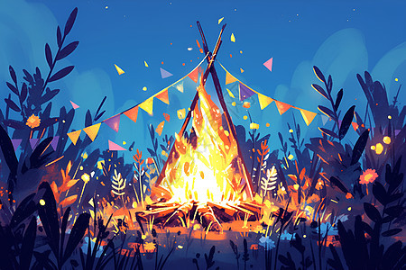 篝火帐篷上的彩旗图片