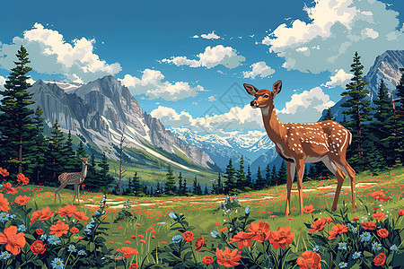 高山草地上的鹿背景图片