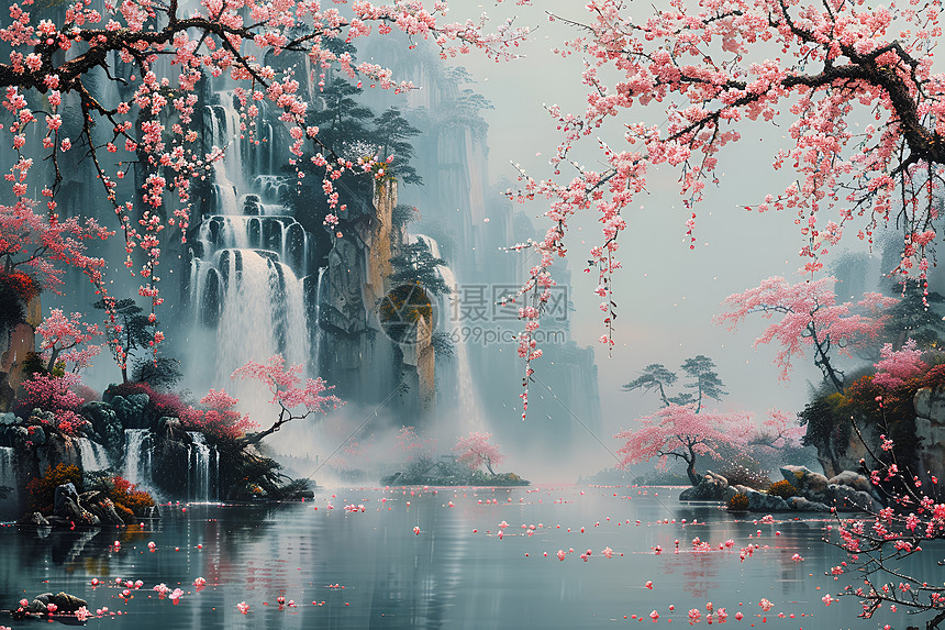 瀑布清泉桃花围绕图片