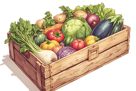 绿叶蔬菜木盒中的蔬菜插画