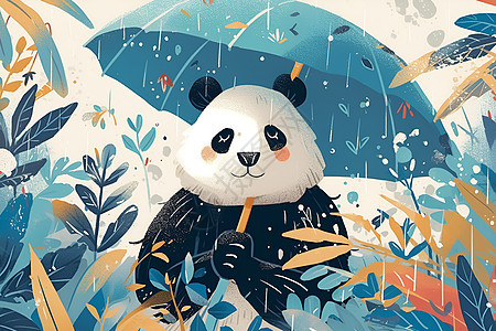 雨中打伞的熊猫图片