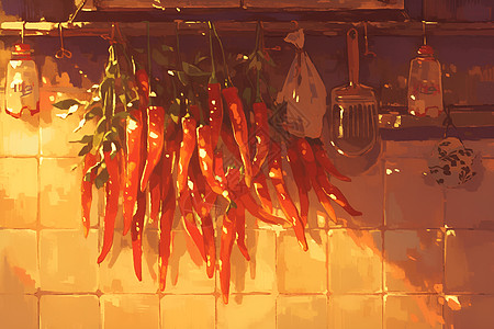 蔬菜食材厨房墙上的辣椒插画