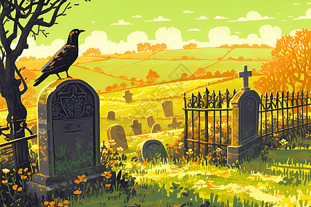 墓碑上的乌鸦背景图片