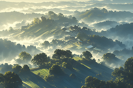 晨雾中的宁静山谷图片