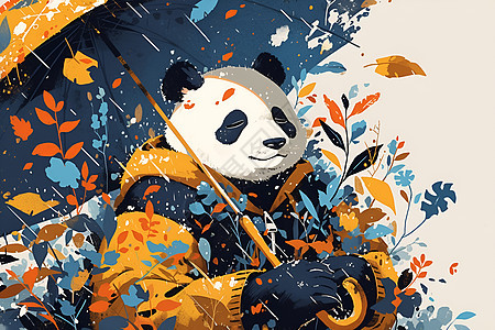 花丛里撑伞的熊猫图片