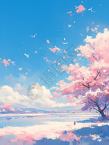 天空下的樱花树图片