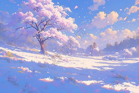 雪地上的粉色樱花树图片