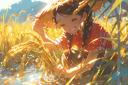 采集水稻的小女孩图片