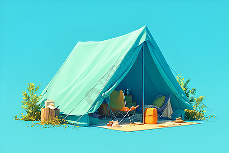 蔚蓝的帐篷与黄色椅子图片