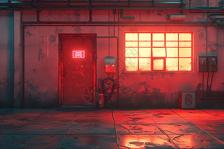 荒废建筑内的红色光芒图片